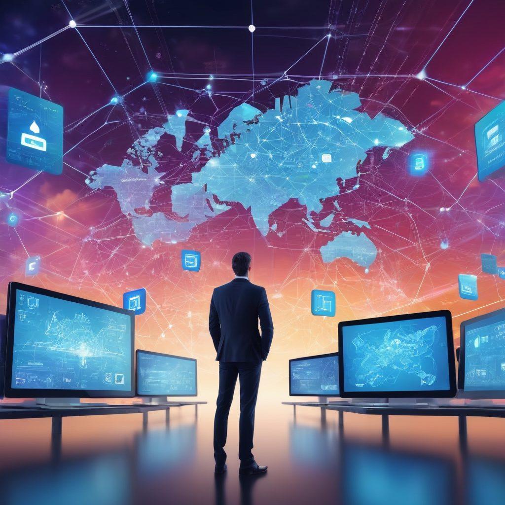 A dynamic digital landscape with interconnected networks, screens showcasing various online services, and a central figure representing expertise guiding a business through the digital transformation. Icons for cloud, analytics, and e-commerce are visible. futuristic design. vibrant colors. 3D.