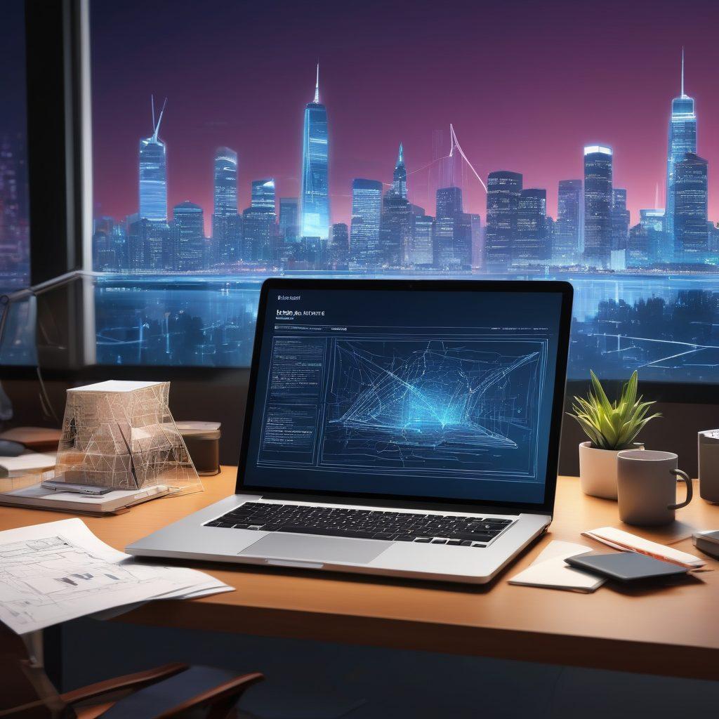 An elegant, modern workspace featuring a sleek laptop displaying a beautifully designed website, surrounded by design sketches, coding books, and gadgets symbolizing web development. A glowing digital interface floats above the desk, showcasing a seamless blend of web design and intricate coding. The backdrop is an urban skyline, glowing with digital connectivity, emphasizing innovation and expertise. super-realistic. vibrant colors. 3D.
