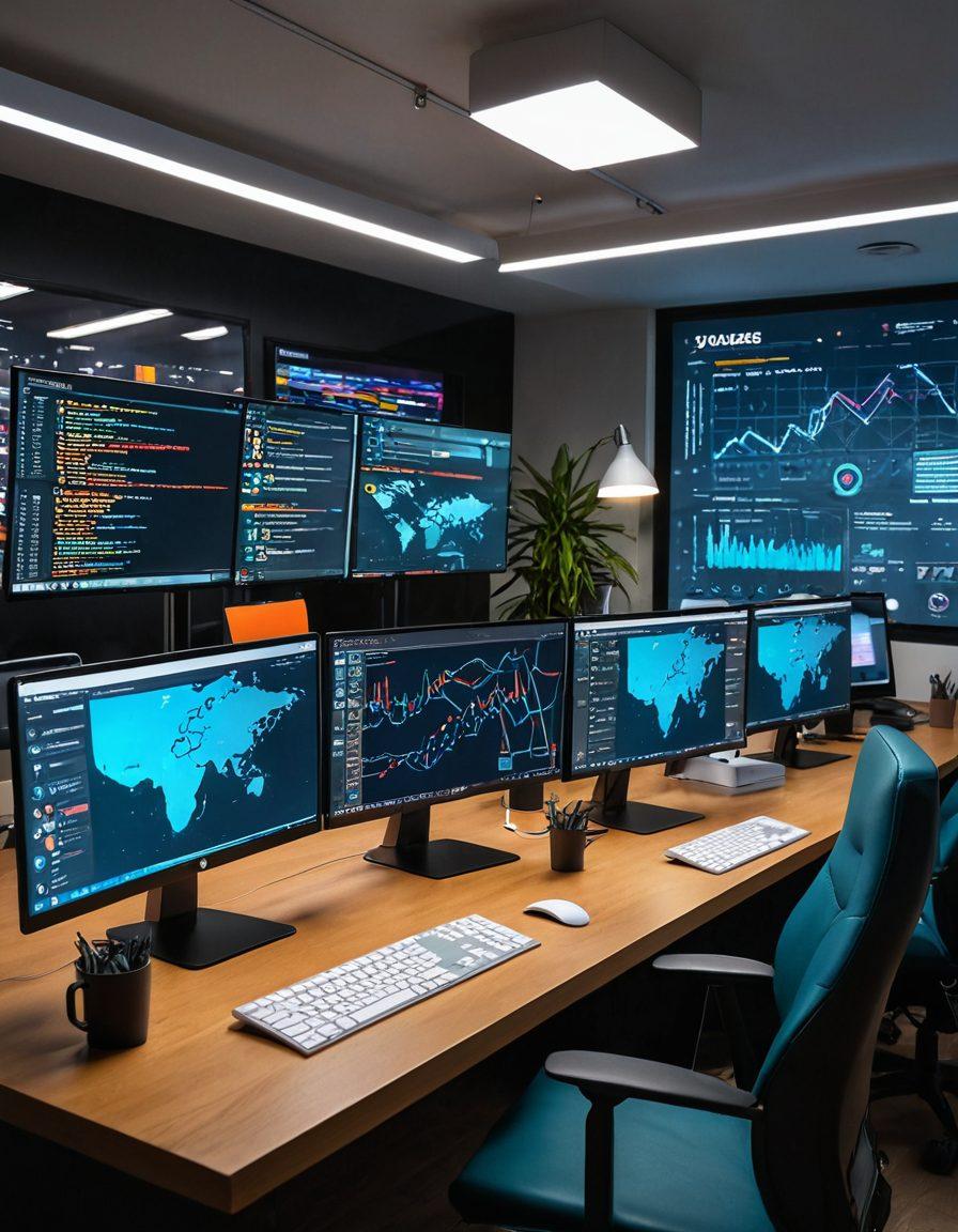 A bustling, modern workspace with a diverse team of web and app developers collaborating on futuristic screens using advanced UI. Elements of code, app interfaces, and website mockups float in the background. Strong emphasis on creativity, efficiency, and cutting-edge technology. super-realistic. vibrant colors.